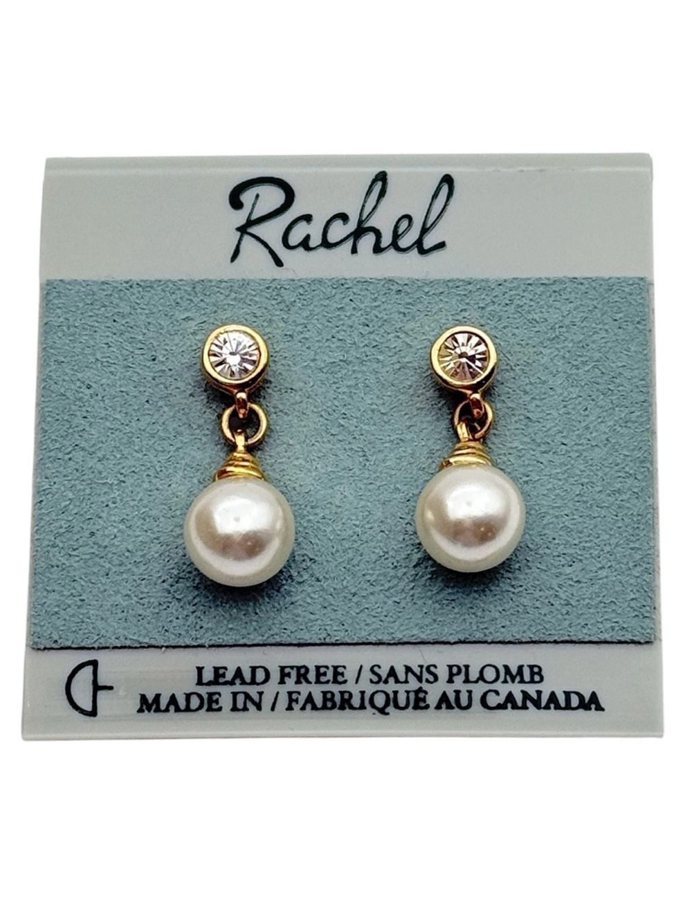 Vintage Rachel Gold Faux Pearl Crystal Drop Earrings